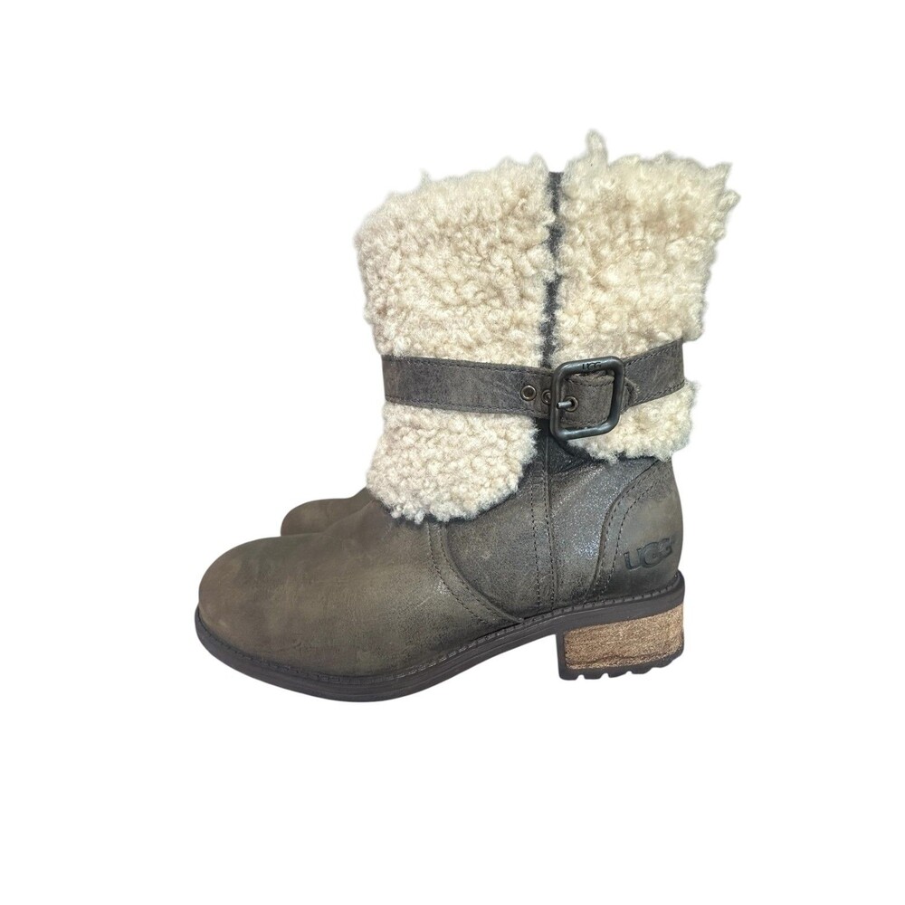 UGG Blayre Winter Ankle Boots Womens Size 6 Dark Olive Leather Sheepskin Cuff